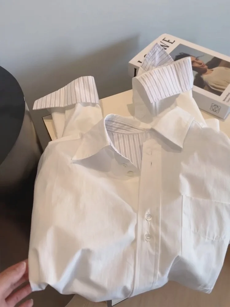 Bianco con risvolto Ne Long Sve Casual irt Uomo Donna Primavera Autunno Coreano Sle Riduzione dell'età Design Loose Fit Pendolarismo S...