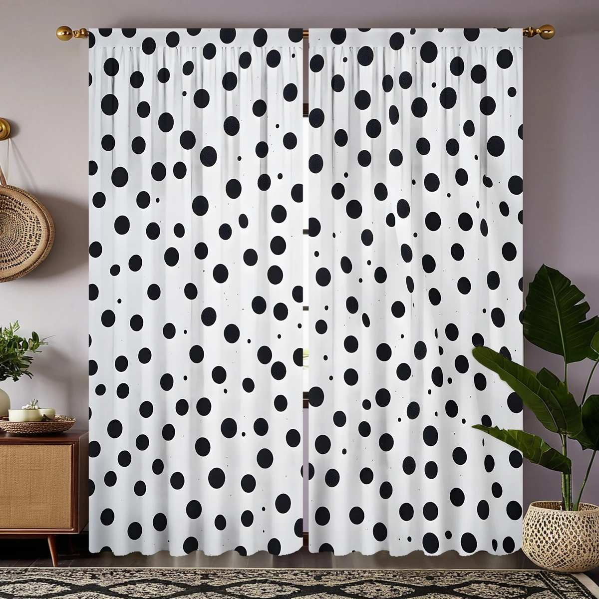 2pcs HD black and white polka dot decorative curtain White tie digital printed curtain Home decoration style decoration livin