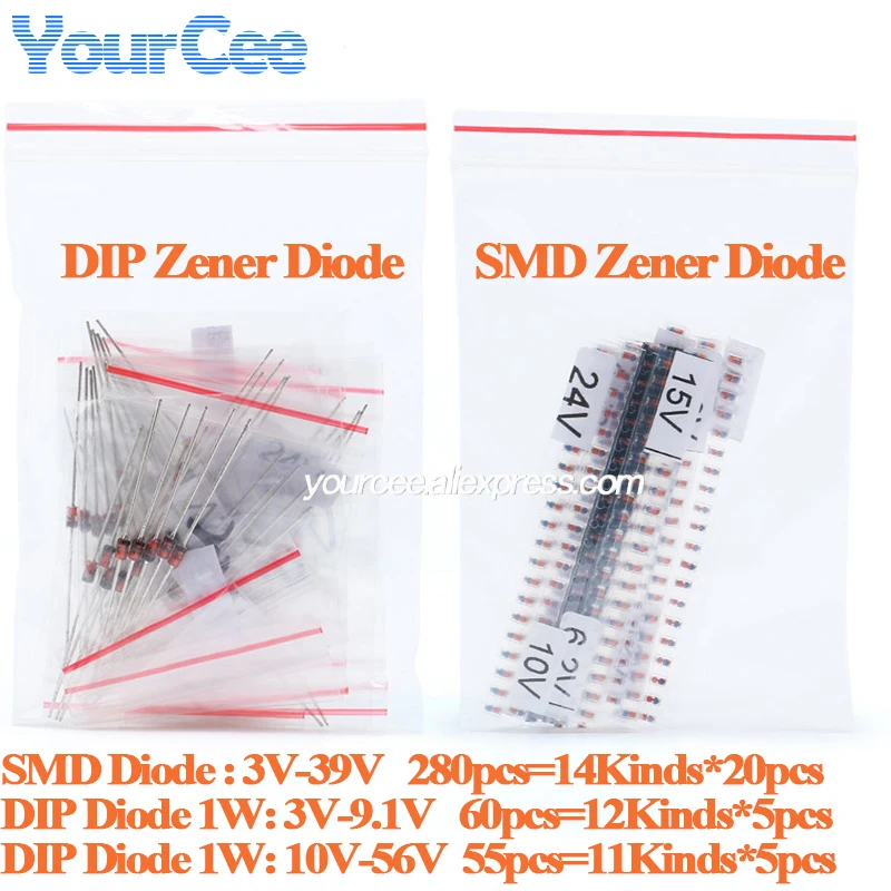280pcs/60pcs/55pcs Zener Diode Assorted Kit DIY 3V~39V 3V-9.1V 10V~56V 1W Zener Diode Electronic Components Package Suit