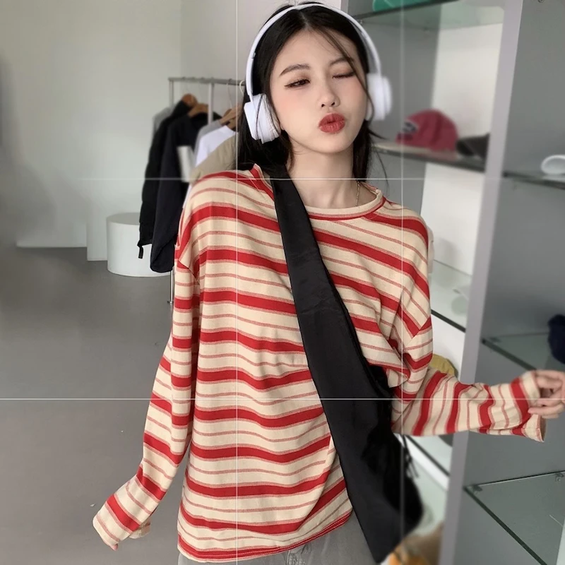 Spring Autumn Women Harajuku O Neck Striped T Shirt Long Sleeve T-Shirts Korean Casual Oversized T Shirt Femme Tops