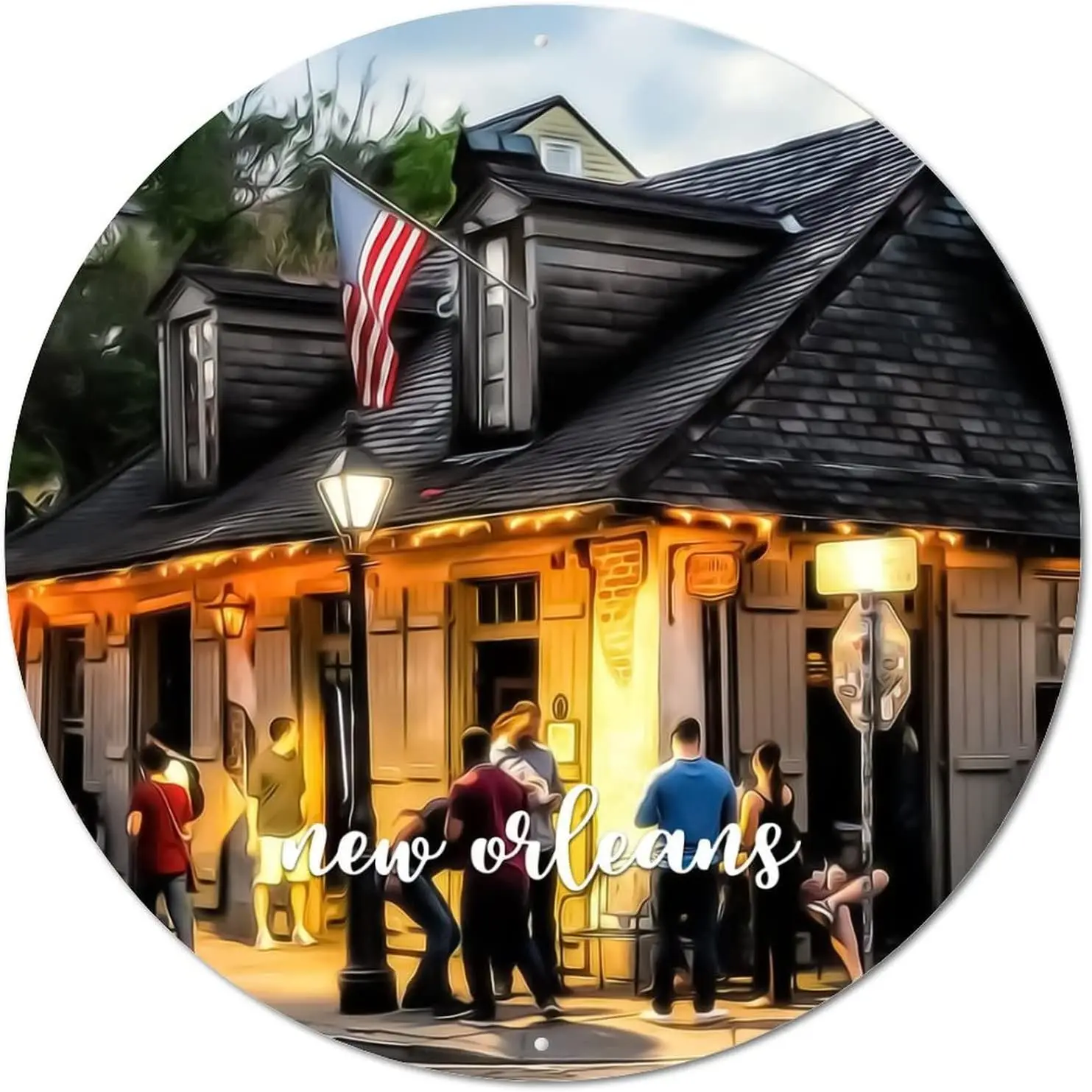 Круглый металлический жестяной знак, американский Луизиана, Состояние Нового Орлеана, городской пейзаж, городской пейзаж, вид в винтажном стиле, венок, знак, комната