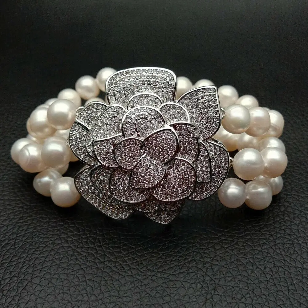 3rows White freshwater Pearl 18k White Gold Plated Cz pave Flower Bracelet