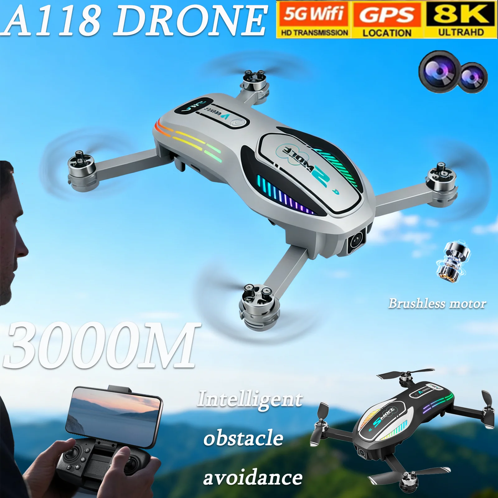 

A118 Дрон 8K с двойной камерой HD Квадрокоптер с дистанционным управлением и предотвращением препятствий Профессиональная игрушка для аэрофотосъемки 4K Дрон в подарок