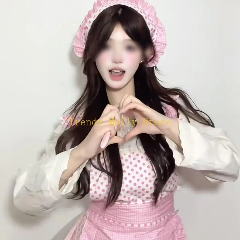 N5KB مطبخ مريلة مطبخ قابل للتعديل كشكش خادمة المئزر الفرنسية أغطية الرأس خادمة زي خادمة فستان بتصميم حالم تأثيري ازياء المرأة