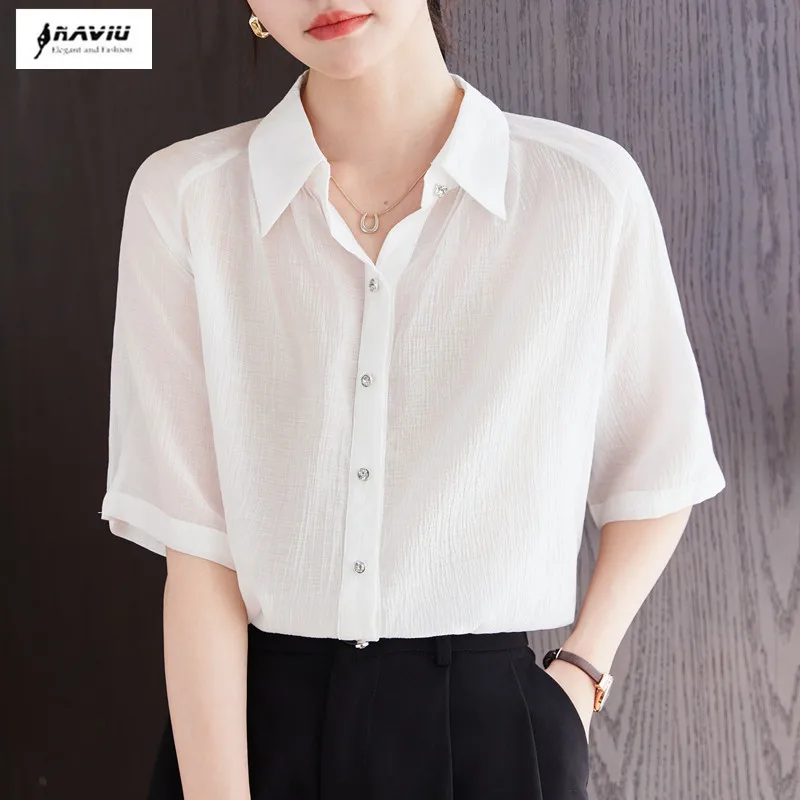 NAVIU Shirt Women Solid Turn-down Collar Retro Chic Korean Style Streetwear All Match Simple Leisure Popular Preppy Clothing