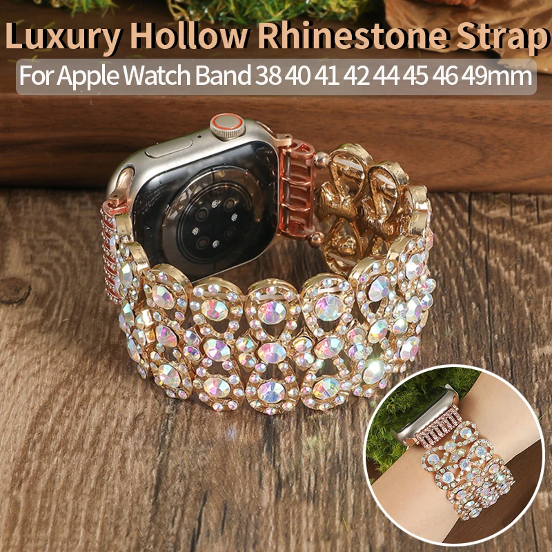 Luxury Hollow Rhinestone Bangle Strap for Apple Watch Band 40mm 41mm 45 44 42 46 49 Women Bracelets for Iwatch 11 10 9 8 Ultra 2