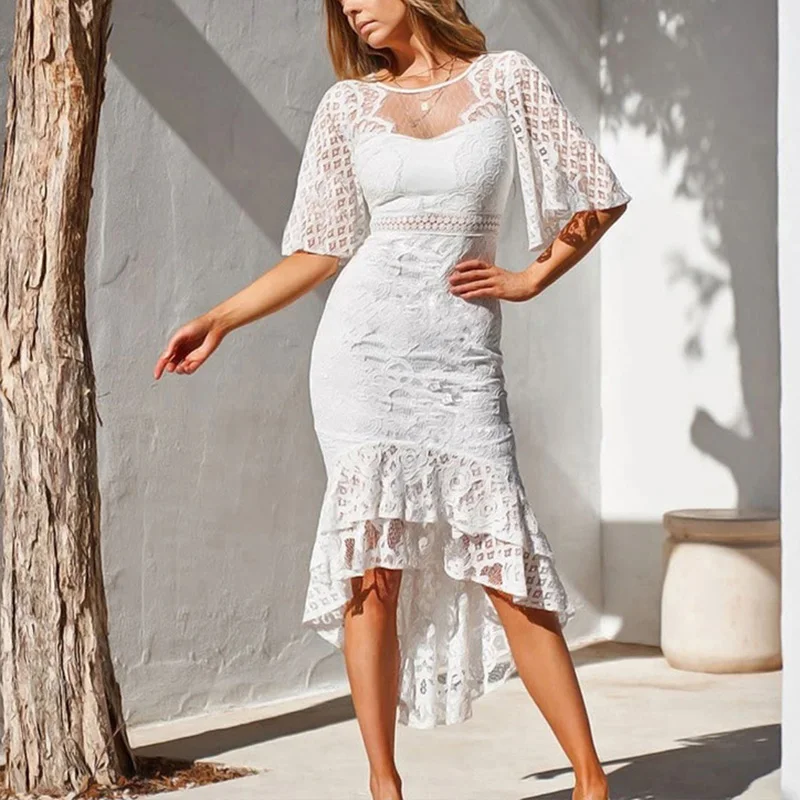 

Sexy Elegant Women's Summer Mid Pencil Dress Lace Hollow Out See Through Party Sundress O-Neck Flare Sleeve Evening Dresses