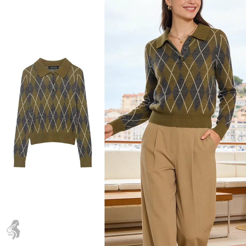 

Woman Clothes Tops Autumn And Winter Vintage Diamond Pattern Knit Sweater For Women Slim Fit Polo Collar Casual And Office Wear