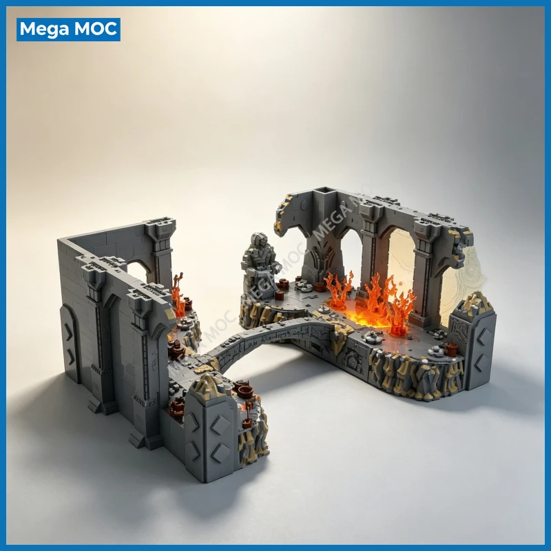 Subterranean Ruin Bridge Diorama MOC Building Blocks Dark Abyss Scene Desktop Decoration Model