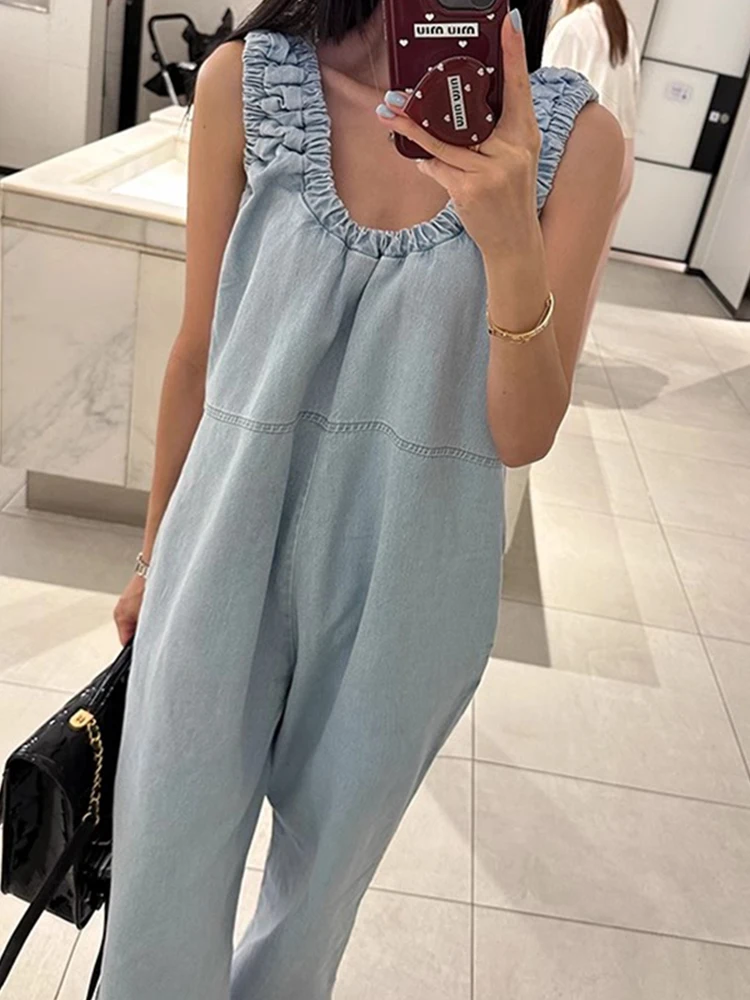 ฤดูร้อนใหม่ Chic หลวมสบายๆขากว้าง Denim Rer ยาวกางเกงผู้หญิง V-Ne Vintage พับเอวสูงกางเกงยีนส์สีฟ้า One ชิ้น