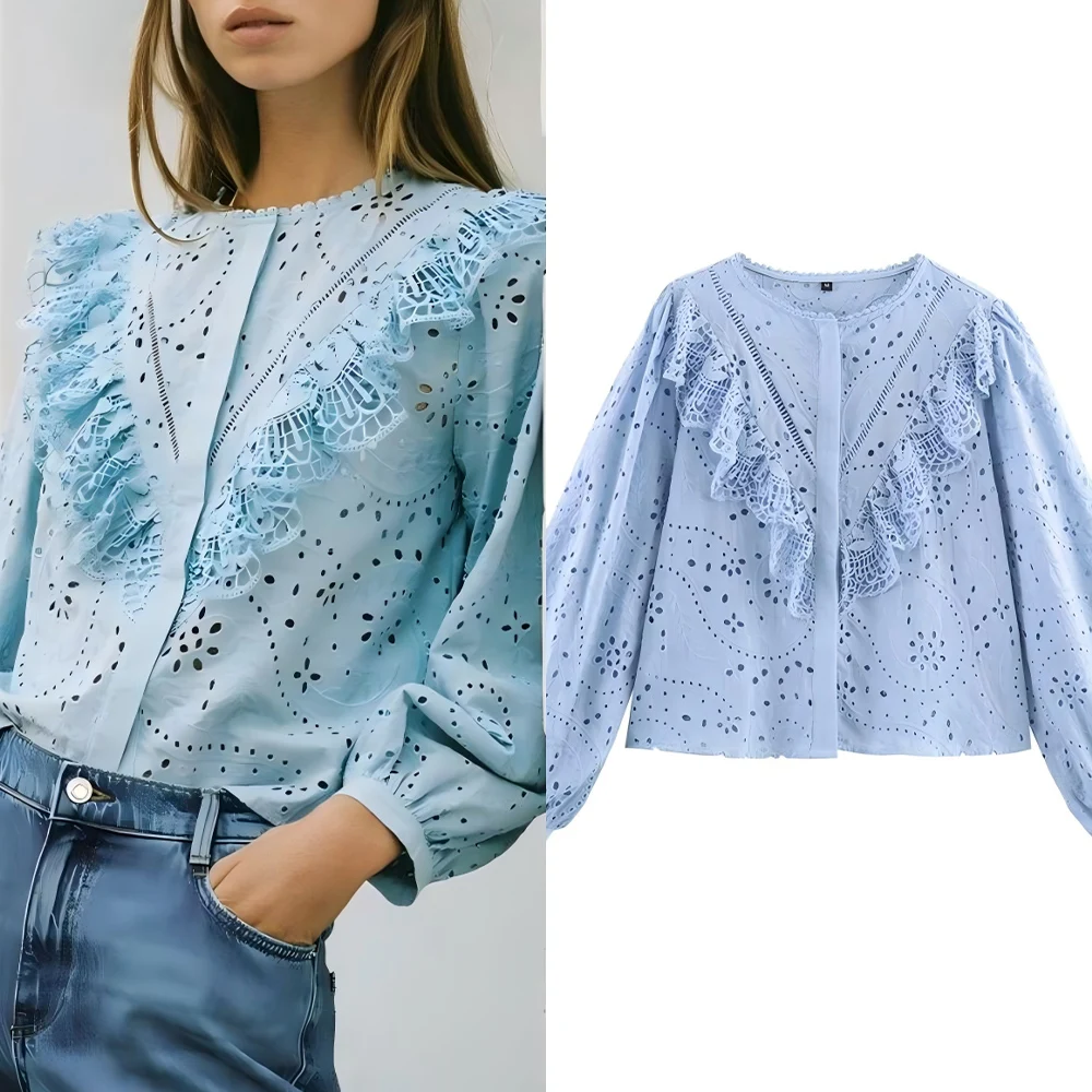 

Women's 2025 new fashion layered decoration short hollow embroidery shirt retro long sleeved button up women's shirt chic top