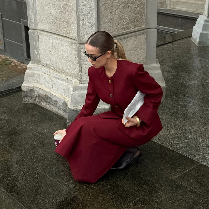 2025年新デザインセンス ウエストシェイプ ラウンドネック 長袖 スーツジャケット ツーピースセット ファッション 多用途 レディース ワインレッド