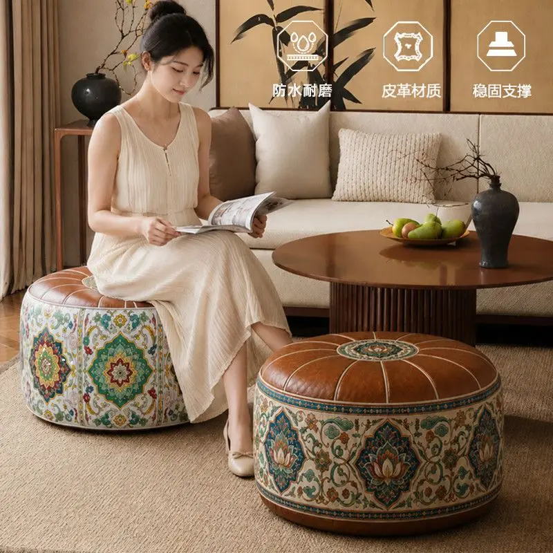 Vintage Faux‑Leather Pouf Cover Round Footstool Slipcover Living Room Seasonal Clothes Storage Stools Ottomans Protective Cover