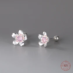 925 Sterling Silver Pink Sakura Flower Stud Earrings for Girls Exquisite Cherry Blossom Screw Earring Ladies Piercing Jewelry