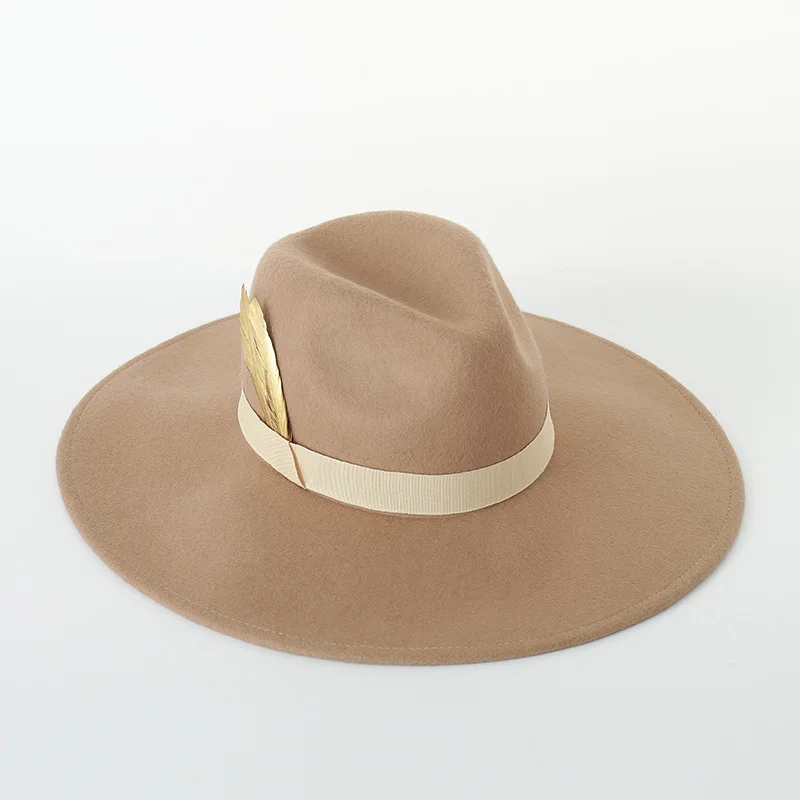Autumn and Winter New British Retro Feather Decorated Wool Wide Brim Jazz Hat Stage Performance Jazz Hat