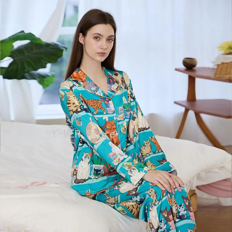 Women Cute Cat Print Ice Silk Loungewear Pajama Set, Spring Autumn Smooth Cardigan Long Sleeve Long Pants Sleepwear