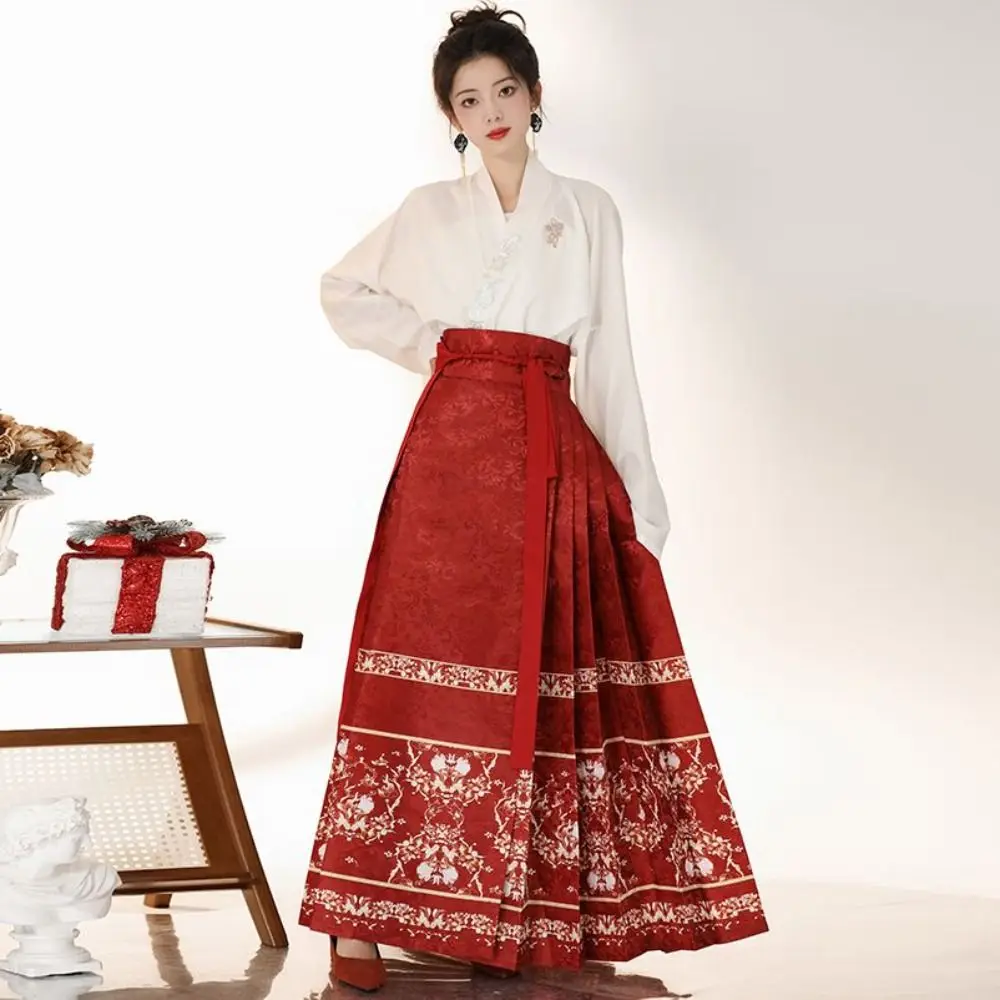 

Flower Print Horse Face Skirt A-line Shape Stripe Chinese Style Dress Ming Hanfu Dress Work Daily Clothing