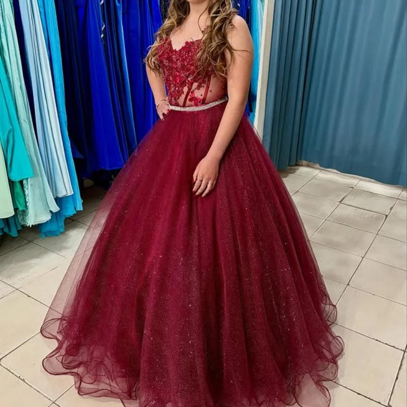 

Customized wine red Quinceanera Dresses Off the Shoulder sequins applique flower Tull Long tail Vestido 15 Quinceanera
