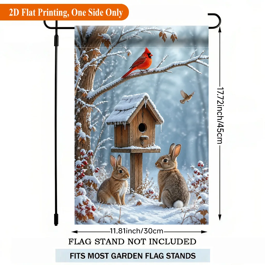 2D Flat Garden Flag 1 Piece, Winter Rabbit and Red Bird Companion Single-Sided Polyester Garden Flag, Festival Courtyard Outdoor Flag, Suitable for Outdoor Home and Garden Holiday Decoration, Valentine's Day, Mother's Day, St. Patrick's Day, Easter