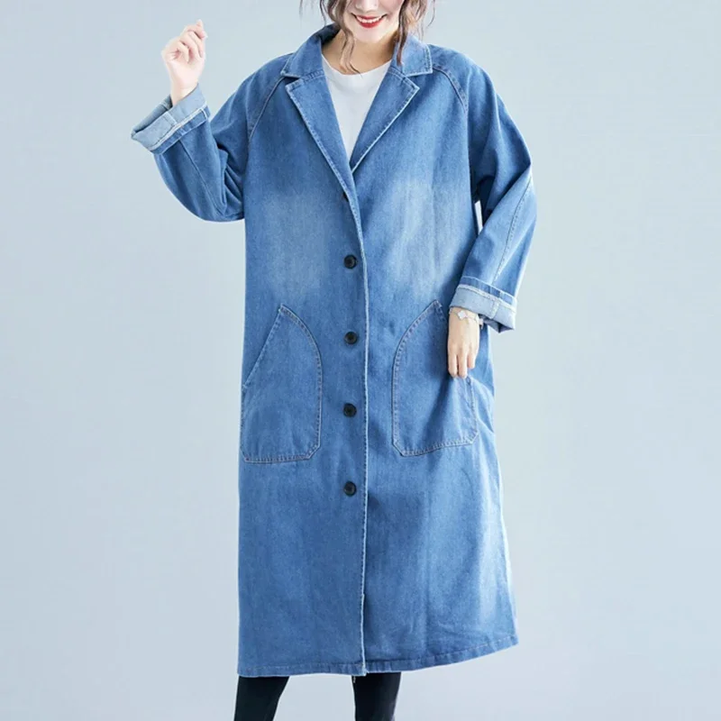 2024 Spring Autumn New Long Trench Coat Women Korean Long Sleeve Big Pocket Denim Windbreaker Women Vintage Solid Overcoat