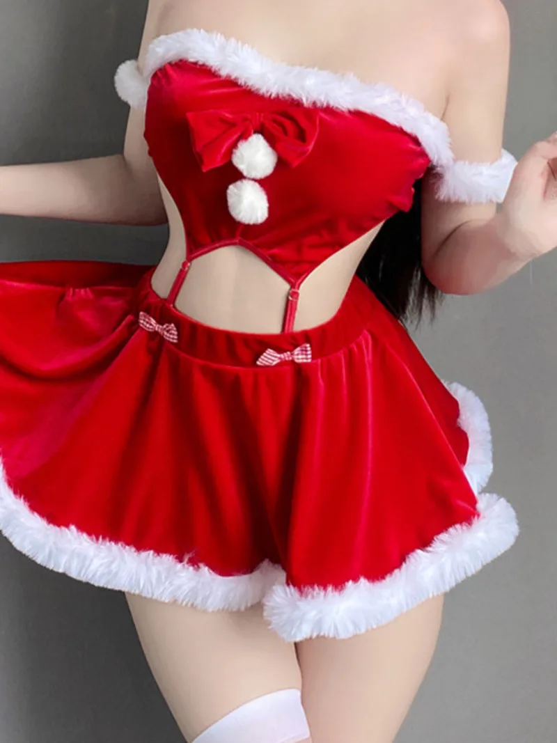 Christmas Red Skirt Set Uniform Temptation Sexy Rabbit Girl Passionate Nightclub Erotic Bowknot Sweet Cute Charm Romantic GGUF