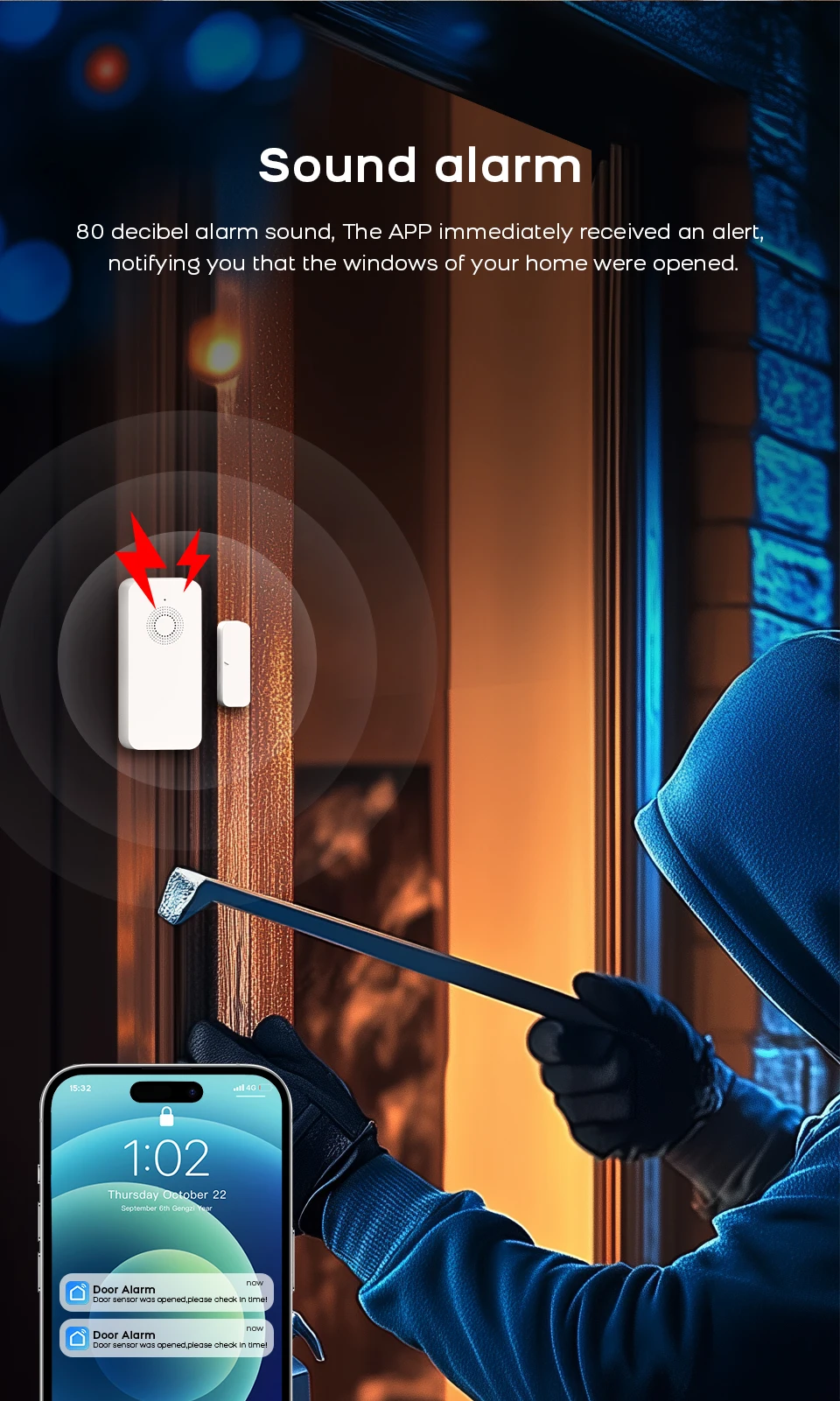 PGST WLAN-Tür- und Fenstersensor, unabhängiges Alarmsystem, drahtloser Sicherheitsdetektor, Diebstahlschutz, Hausautomation, Sicherheitsvorkehrung, kompatibel mit der Tuya Smart Life App zur Steuerung für Zuhause, Büro und Garage. – Detail 3