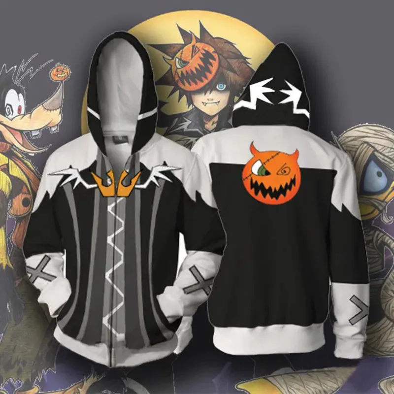 Moletom com capuz com zíper 3D Anime Kingdom Hearts Cosplay moletom com capuz masculino roupas jaqueta