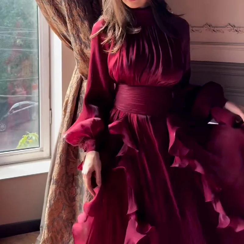 Mode hoge taille plooi feestjurk dame casual hoge kraag gelaagde banketjurk elegante effen kleur avondjurk met lange mouwen
