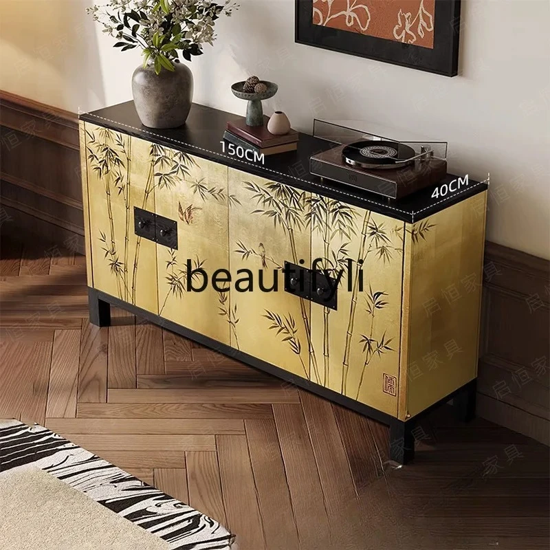 

yj5 Solid wood side cabinet retro living room locker hand-painted gold foil storage side cabinet