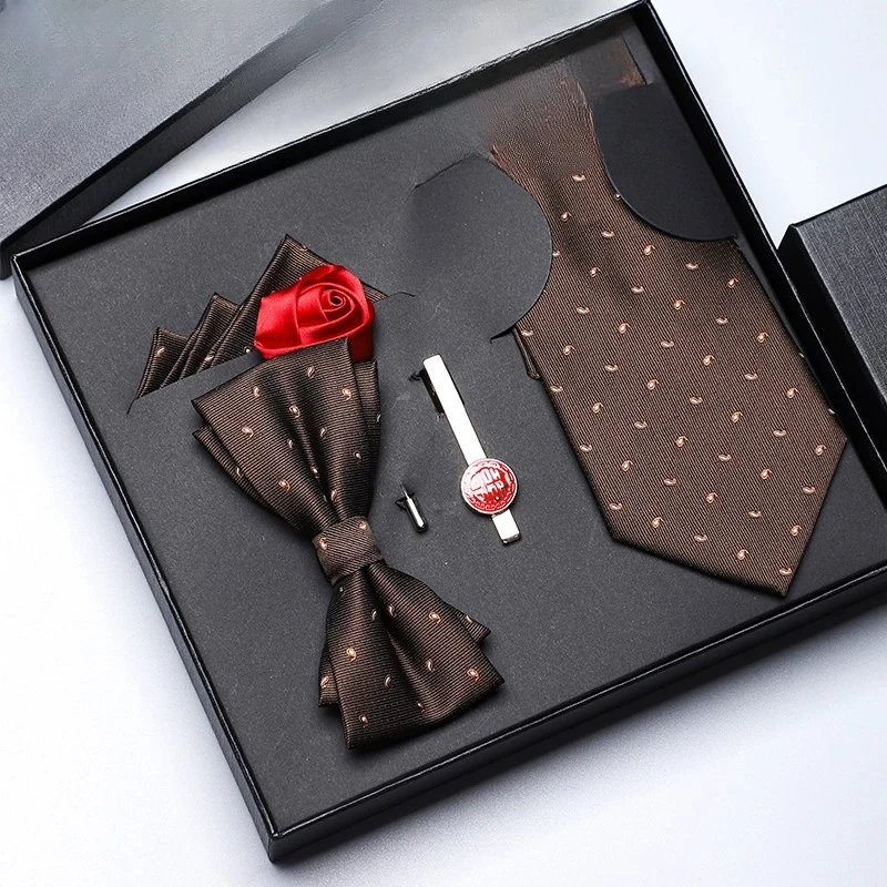 Men's tie 8cm coffee color floral polka dot 5-piece gift box set high-end feeling bow tie