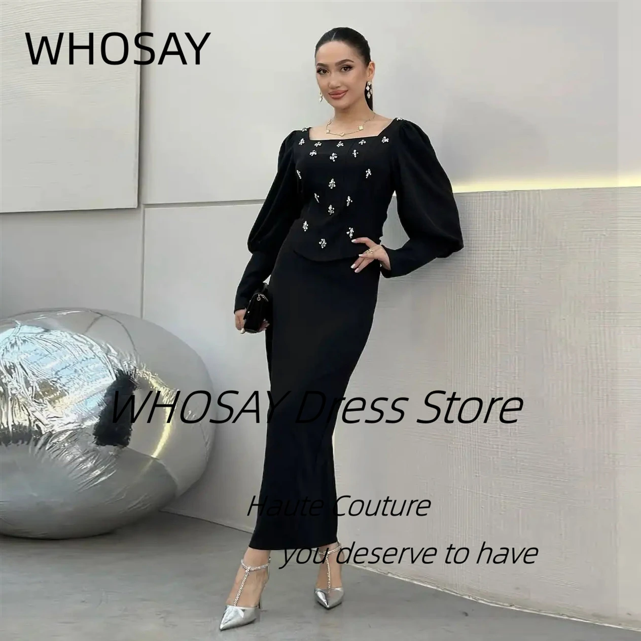

WHOSAY Black Prom Dresses 2025 Square Neck Beaded Cocktail Party Evening Gowns Long Sleeves Wedding Party Dress Customized