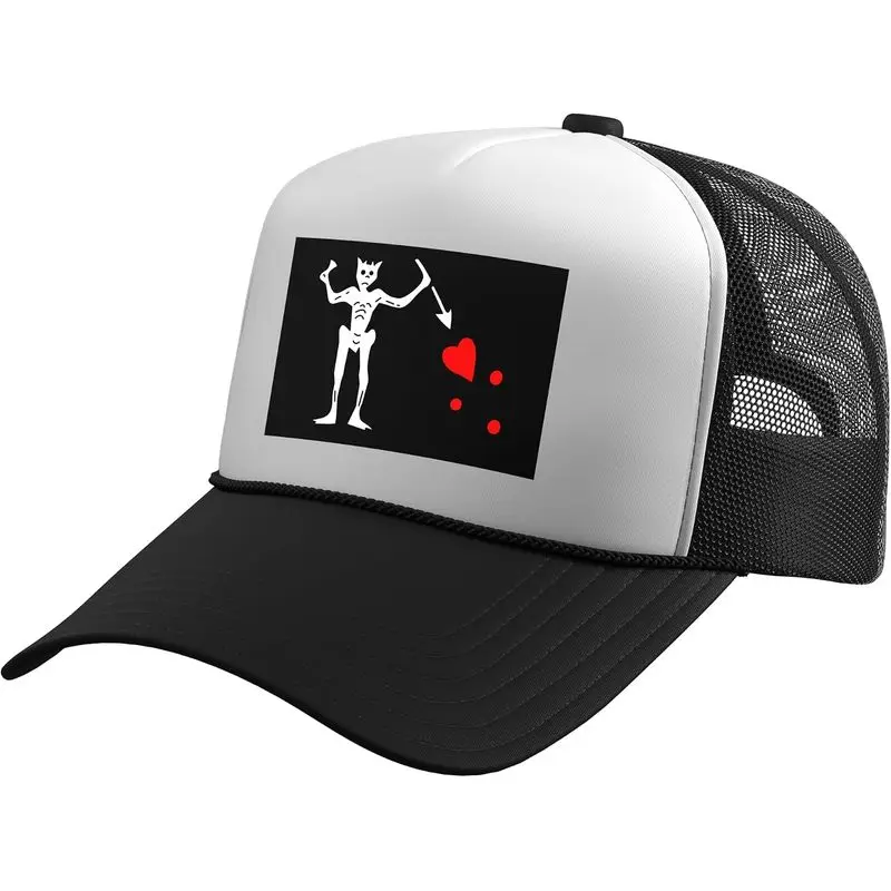 Blackbeard Pirate Flag Jolly Roger Skeleton Hearts Halloween Trucker Hat with Adjustable Mesh Back