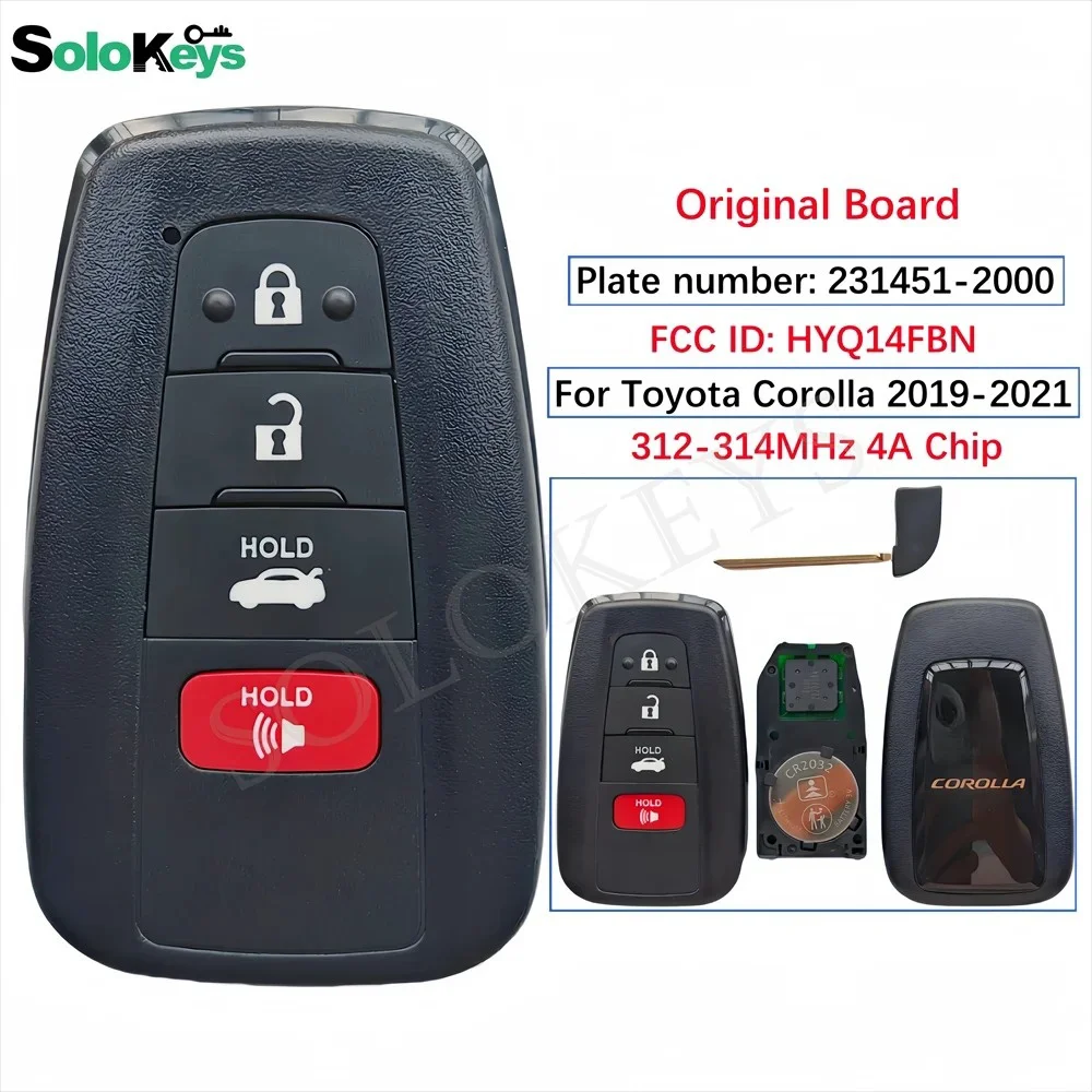 SOLOKEYS FCCID:HYQ14FBN Original Board 231451-2000 For Toyota Corolla 2019-2021 Smart Key 312-314MHz 4A Chip 4 Buttons With LOGO