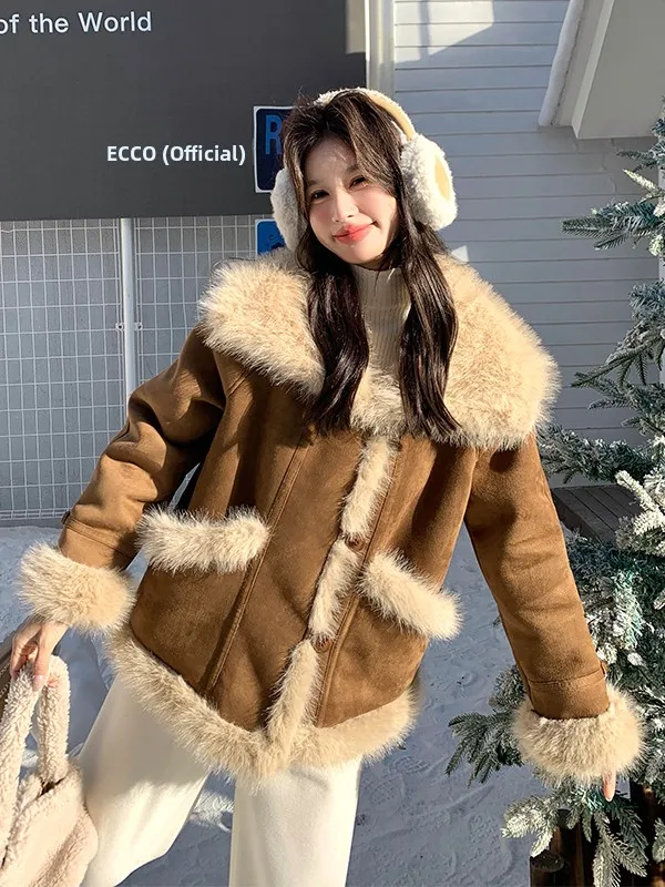 Lamb Fur Jaet Women's ort Sle Warmth Waterproof Rabbit Fur Top Thiened Autumn Winter New Arrival Commute Sle Loose Fit