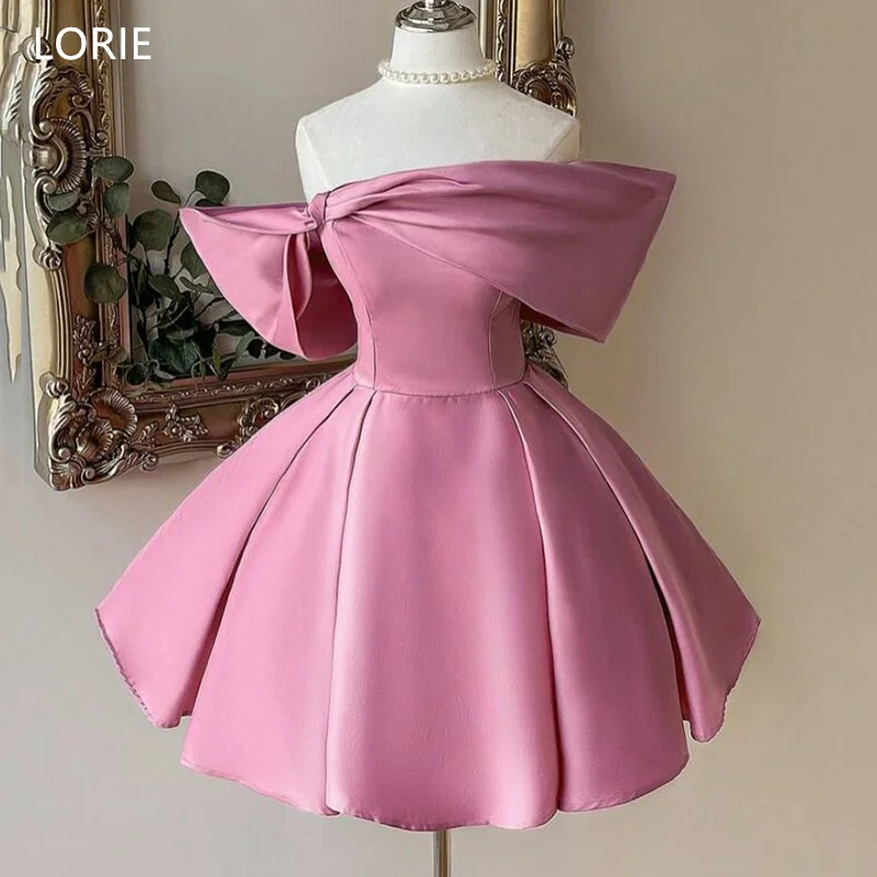 

LORIE Cute Pink Satin Party Dresses Bow Off The Shoulder Evening Prom Dress Draped Mini A-Line Ball Gown Customized