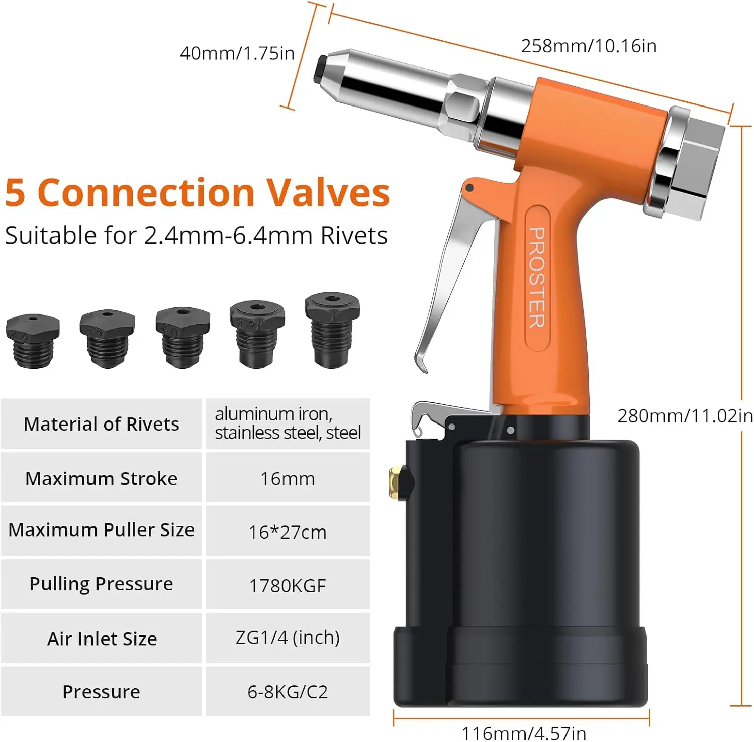 Heavy-Duty Pneumatic Rivet Gun with 3924LBF Pull Force, 5 Nosepieces for Versatile Fastening Applications