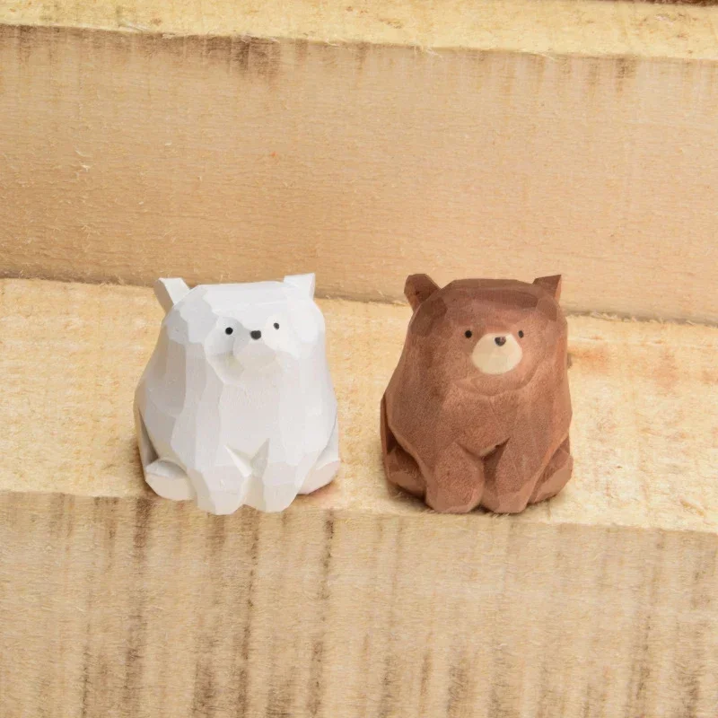 Solid Wood Carved Bear Wooden Cute Mini Bear Figurines Miniature Desktop Living Room Decoration Decoration Decorative Figurines