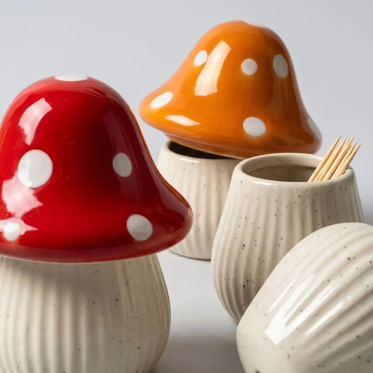 Cartoon Mushroom Ceramic Storage Jars Home Desktop Toothpick Holder Cotton Swab Organizer Kitchen Bathroom Decoratives Container view 4