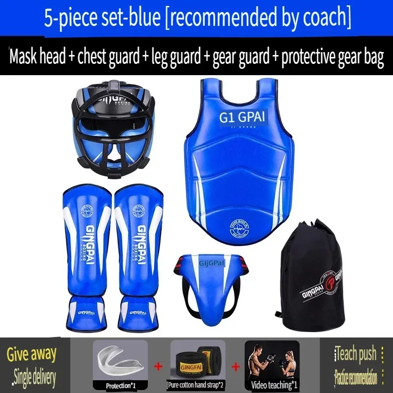 Kids Muay Thai Sanda Training Protective Gear Set Boxing Head Guard Face Mask Chest Protector Groin Cup Shin Guards Sparring Kit
