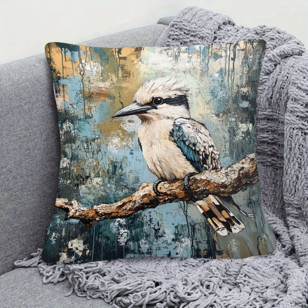 1pc 2D Flat Pillow Not Included Laughing Kookaburra Branch Painting Cushion Cover Plush Australian Wildlife Decor Gift Case