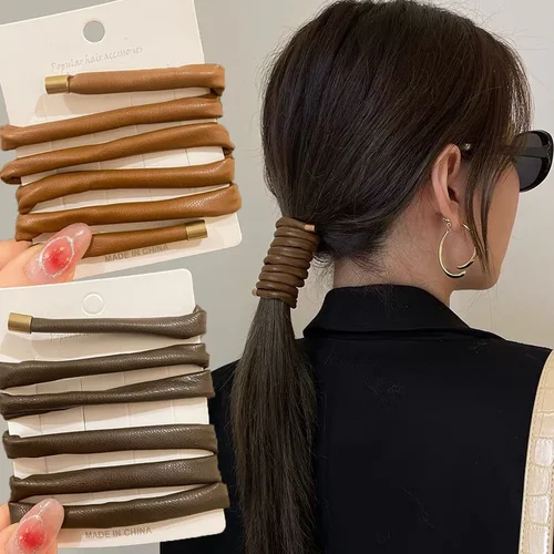 Gomas para el pelo de cuero PU para mujer, lazos simples de alambre largo, diadema trenzada, soporte para cola de caballo, tocado con horquillas