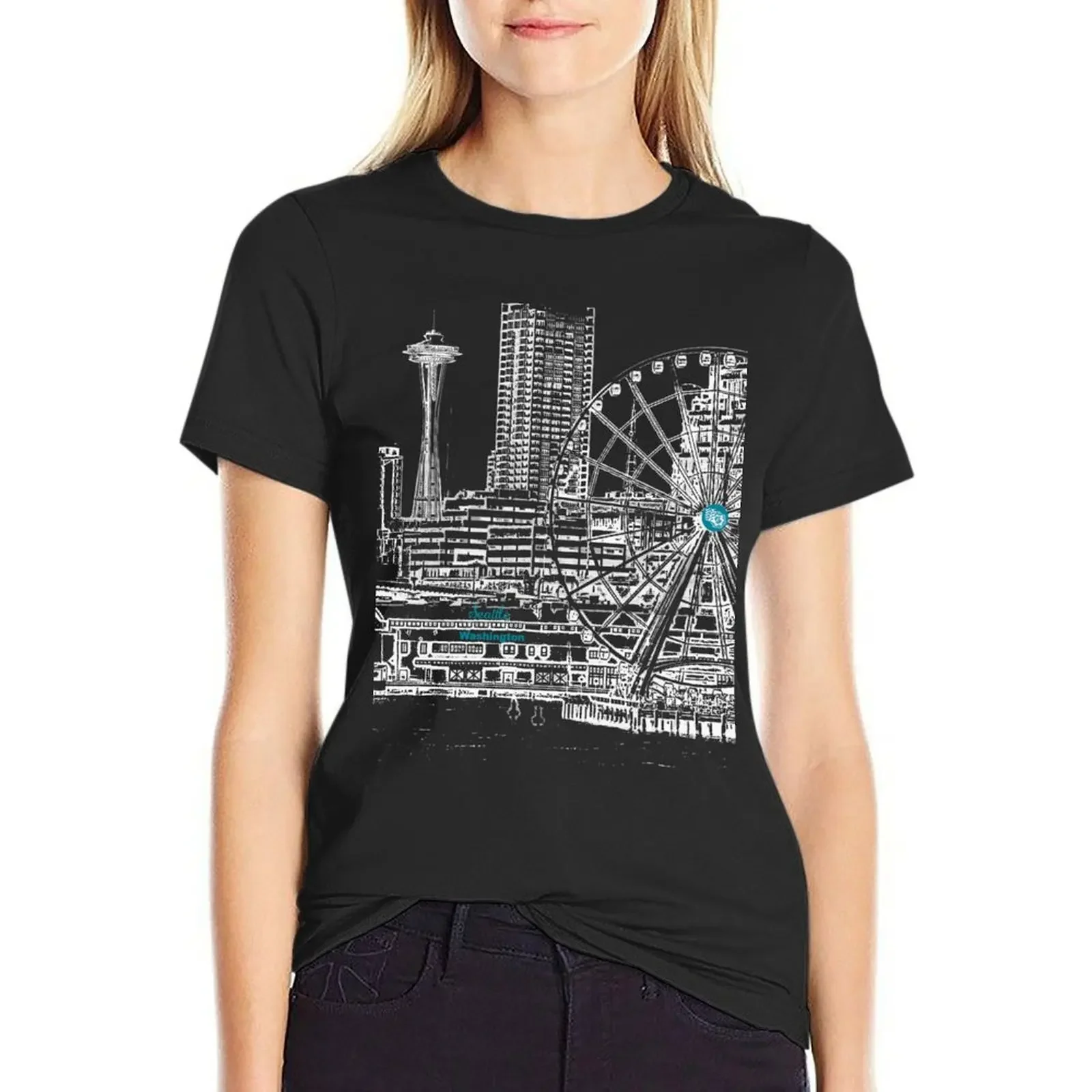 

Seattle, Washington, US - Downtown Seattle waterfront - Seattle Landmarks T-Shirt cute clothes Short sleeve tee tops Women