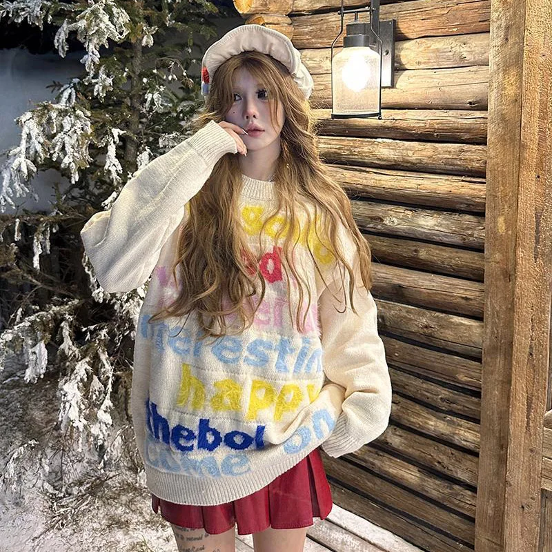 文字が刺繍されたカラフルなセーター,ヴィンテージ,カジュアル,シックなトップス,原宿,y2k,e-girlsレインボーエステティック,キュートでキュート