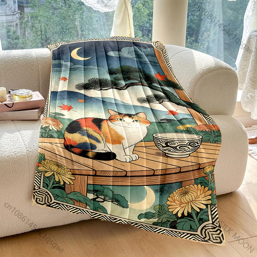 Japanese woodblock calico cat autumn night Print Blanket Warm Soft Fluffy Kids Adult Sofa Bed Throw Outdoor Travel Camping RV