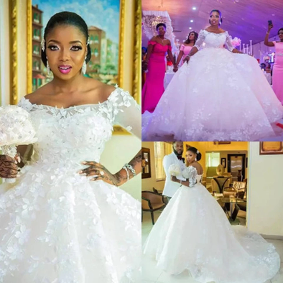 

Customized Elegant Boat Neck Lace Ball Gown Wedding Dresses 2025 Three Quarter Plus Size Court Train Tulle Bride Gowns For Women