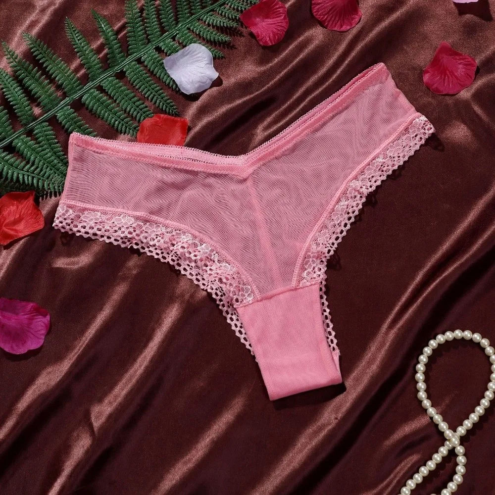 Low Waist Mesh Floral Panties Patchwork Underwear Lace Flower Transparent Briefs Intimate Hollow Mesh Sheer Lace Thong Girl