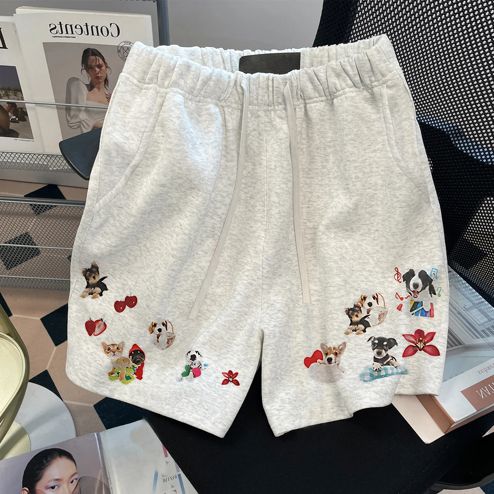 

Летние американские свободные брюки с принтом собаки, широкие брюки, повседневная верхняя одежда, брюки пяти четвертей с высокой талией, молодежная мода