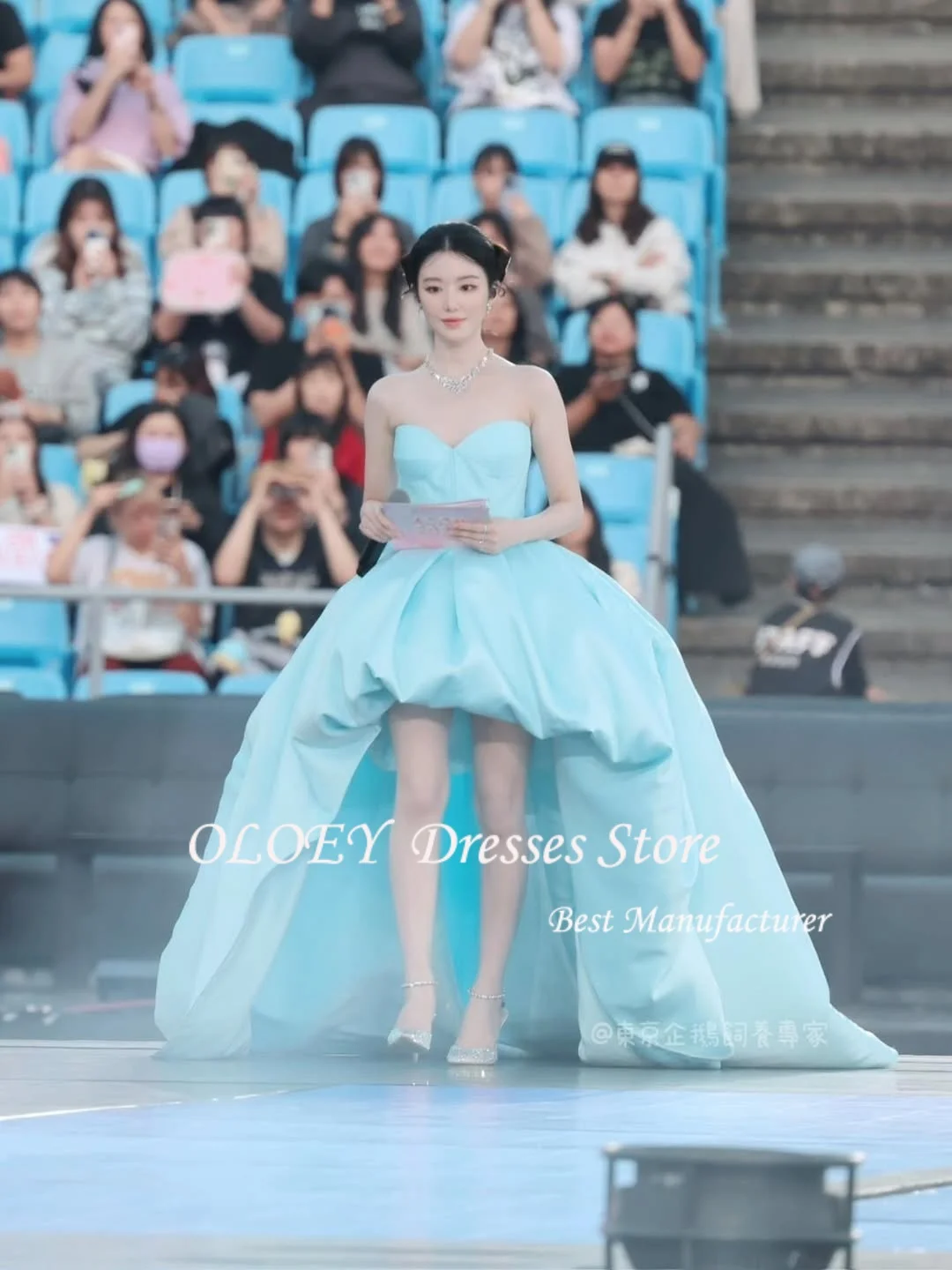 OLOEY Blu Sweetheart A-Line Corea Abiti da sera Morbido taffettà Abiti da ballo dolci Hi-Lo nne Anelli Personalizza Corsetti Indietro