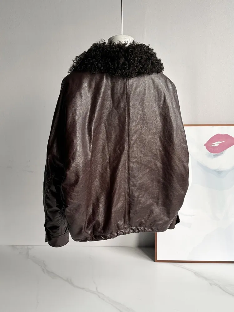 Vintage femmes veste en cuir véritable col en laine chaud vêtements d'extérieur décontractés coupe ample fermeture éclair Streetwear hiver huile cire manteau en peau de mouton