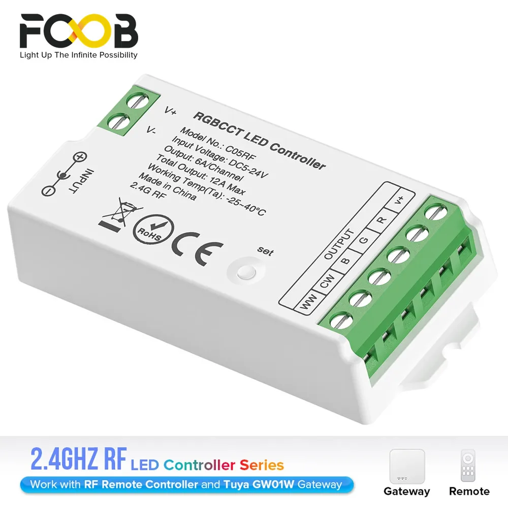 

2.4GHz LED Controller for 2pin DIM 3pin CCT 4pin RGB 5pin RGBW 6pin RGBCCT LED Strip Light 2835 5050 FCOB LED Tape 5V-24V